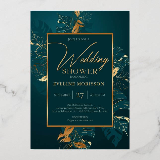 Invitation En Aluminium Émeraude vert et véritable wedding shower de feuil (Recto)