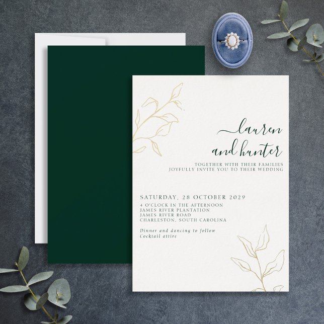 Invitation En Aluminium Émeraude vert moderne Script Botanique Mariage Or (Créateur téléchargé)