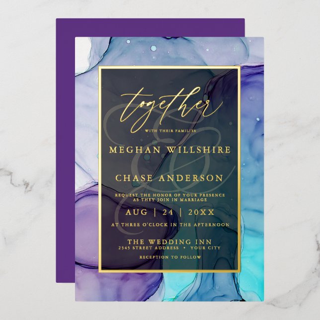 Invitation En Aluminium Encre Abstraite liquide Violet Aqua (Recto/Verso)