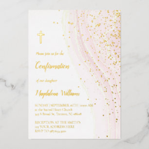 Invitation En Aluminium encre rose pastel et paillettes FAUX   Confirmatio