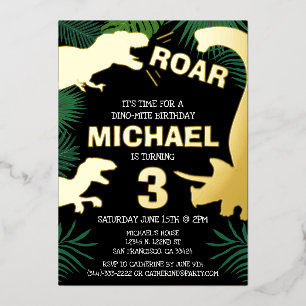 Invitation En Aluminium Enfants Dino Gold Trex Boy Dinosaur Anniversaire