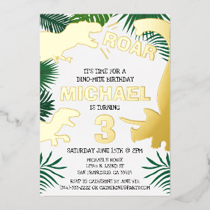 Invitation En Aluminium Enfants dinosaures Or Dinosaures Trex Anniversaire