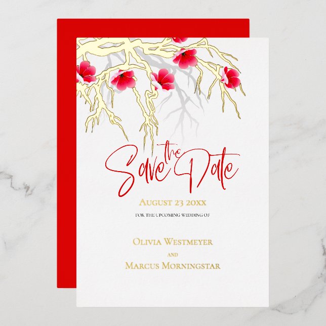Invitation En Aluminium Enregistrer la date Branche de fleurs japonaises (Recto/Verso)