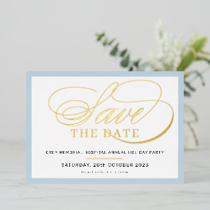 Invitation En Aluminium ENREGISTRER LA DATE élégant script chic or bleu pâ