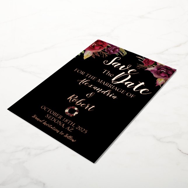 Invitation En Aluminium Enregistrer la date Mariage Fleurs Bourgogne Rose  (Rotation)