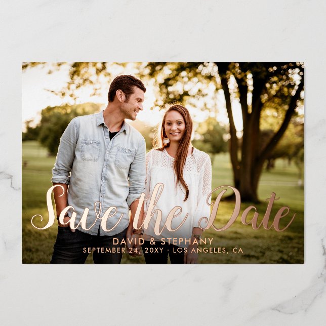 Invitation En Aluminium Enregistrer la date Photo moderne Simple Script Ro (Recto)