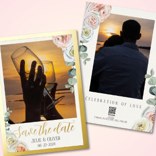 Invitation En Aluminium Enregistrer la date Photo roses d'aquarelle luxueu