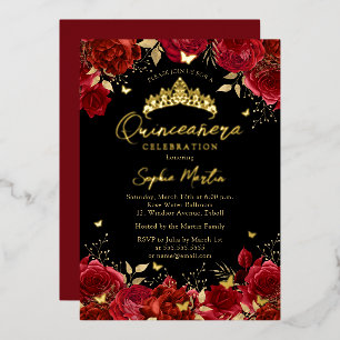 Invitation En Aluminium Envoûtante Fleur Papillon Rouge Noir Quinceanera