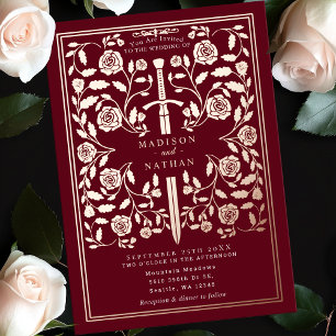 Invitation En Aluminium Épée de mariage royale rouge médiévale en or rose