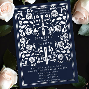 Invitation En Aluminium Épée Médiévale Royale Bleu Argent Mariage