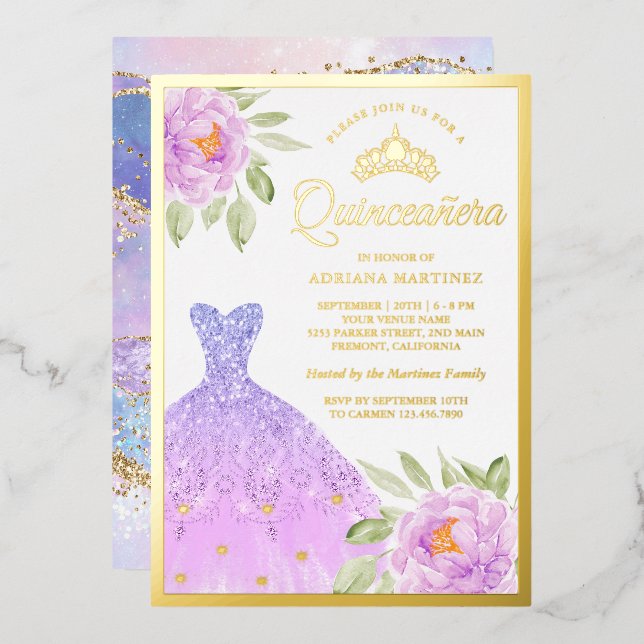 Invitation En Aluminium Éperche Gown Lilac Violet Floral Quinceanera Or (Recto/Verso)