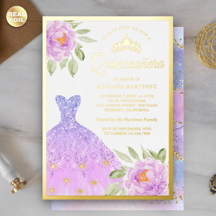 Invitation En Aluminium Éperche Gown Lilac Violet Floral Quinceanera Or