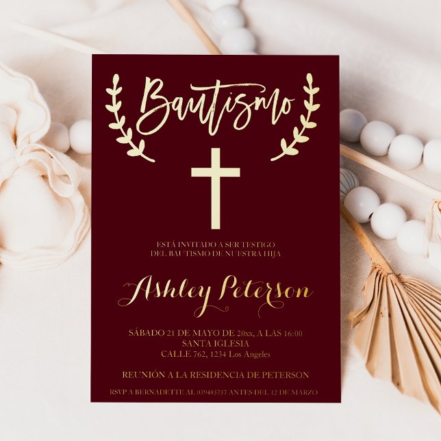 Invitation En Aluminium Espagnol Or bordeaux rouge élégant script baptême (Spanish Gold burgundy red elegant script baptism Invitation)