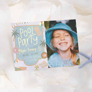 Invitation En Aluminium Été brillant mignon Pool Party Photo Fille Anniver