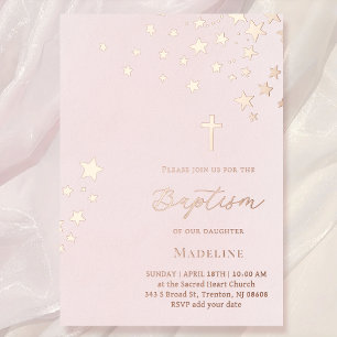 Invitation En Aluminium étoiles ciel sur fond aquarelle rose Baptême