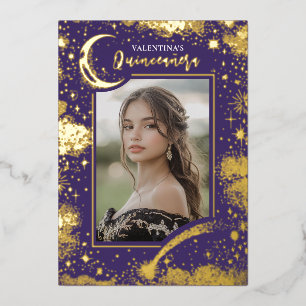 Invitation En Aluminium Étoiles dorées célestes Photo de Quinceanera sous 