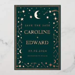 Invitation En Aluminium Étoiles Dorées Lune Céleste Enregistrer la Date