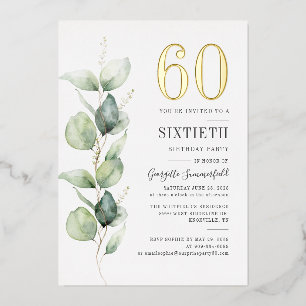 Invitation En Aluminium Eucalyptus 60e Anniversaire Verdure Aquarelle Or