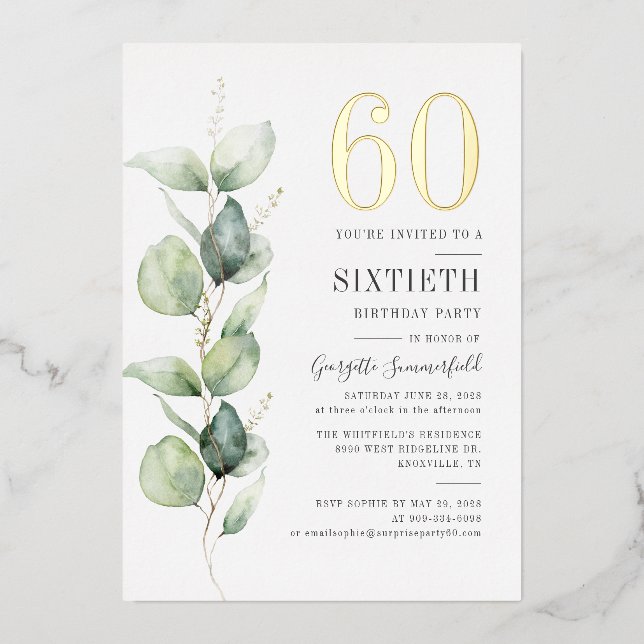 Invitation En Aluminium Eucalyptus 60e Anniversaire Verdure Aquarelle Or (Recto)