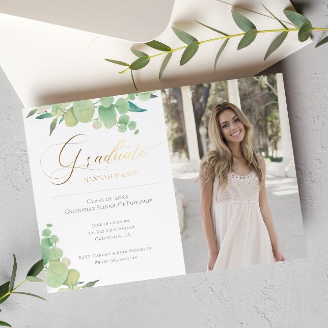 Invitation En Aluminium Eucalyptus Aquarelle Verdure Photo Graduation (Créateur téléchargé)