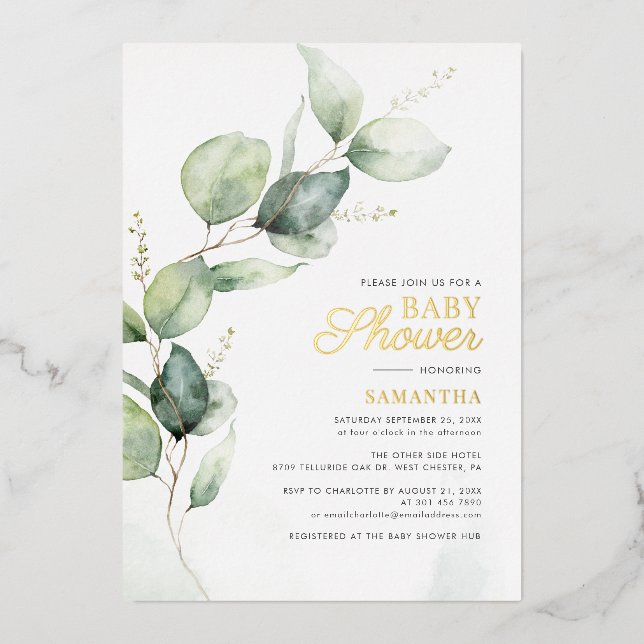 Invitation En Aluminium Eucalyptus Botanique Baby shower vert Or (Recto)