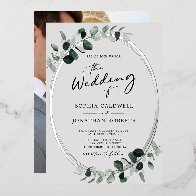 Invitation En Aluminium Eucalyptus Calligraphie Mariage photo Argent (Recto/Verso)