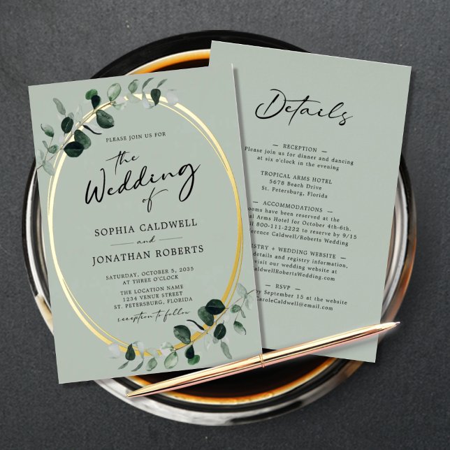Invitation En Aluminium Éucalyptus Calligraphie Sage tout en un Mariage (Créateur téléchargé)
