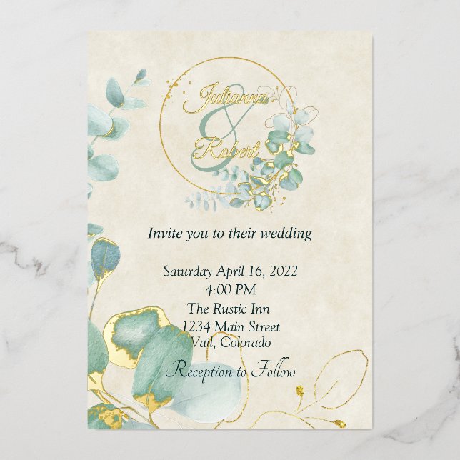 Invitation En Aluminium Eucalyptus et mariage du budget de l'or (Recto)