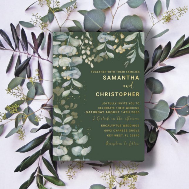 Invitation En Aluminium Eucalyptus Foliage Or & Mariage vert (Créateur téléchargé)