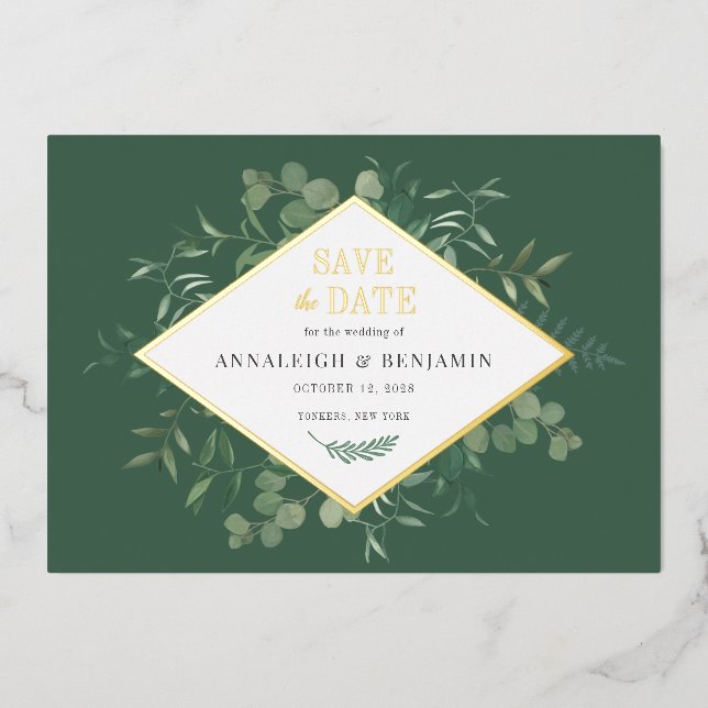 Invitation En Aluminium Eucalyptus Green Save the Date Gold (Recto)