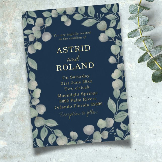 Invitation En Aluminium Eucalyptus moderne Bleu & Vrai Mariage Or (Créateur téléchargé)