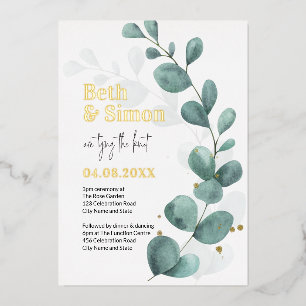 Invitation En Aluminium Eucalyptus moderne Verdure Aquarelle Mariage Or