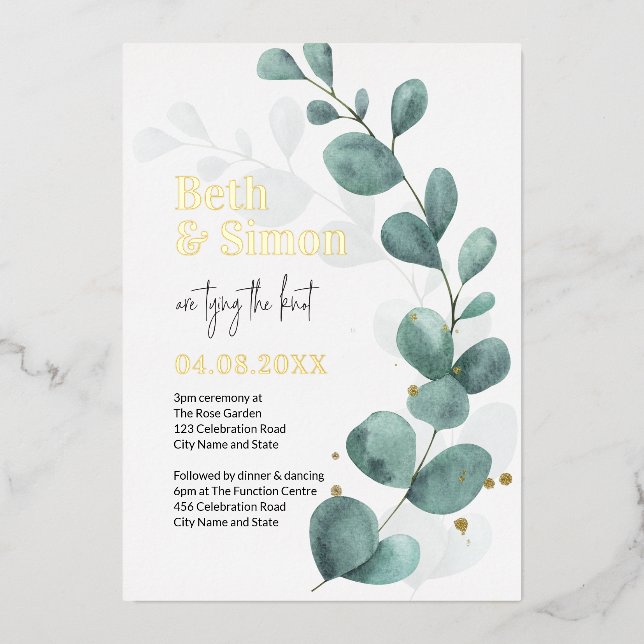 Invitation En Aluminium Eucalyptus moderne Verdure Aquarelle Mariage Or (Recto)