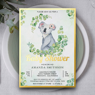 Invitation En Aluminium Eucalyptus Rustique Ourson Koala Mignon Baptême Or