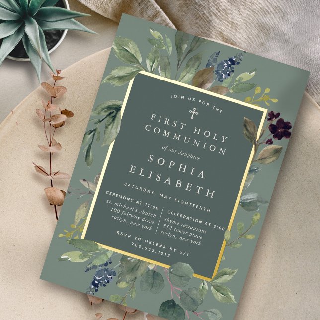 Invitation En Aluminium Eucalyptus & Sage Première Communion Sainte (Créateur téléchargé)