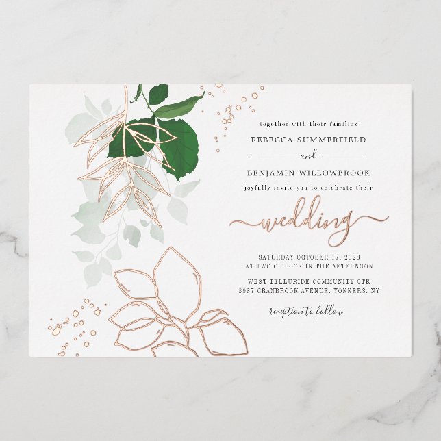 Invitation En Aluminium Eucalyptus Verdure Mariage géométrique Rose or (Recto)