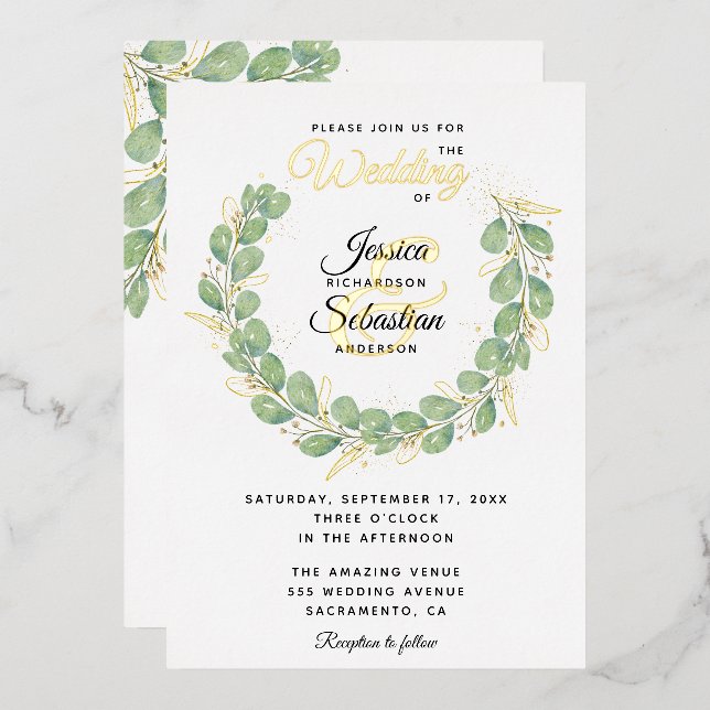 Invitation En Aluminium Eucalyptus Verdure Wreath Or Mariage blanc (Recto/Verso)