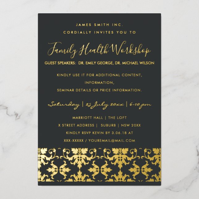 Invitation En Aluminium Événement de workshop classique damassé or noir fo (Recto)