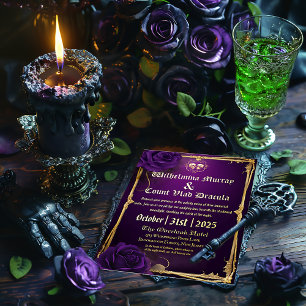 Invitation En Aluminium Exquis Crâne et Os Gothiques Violet et Or