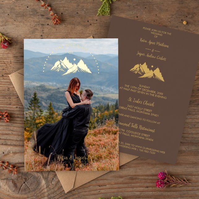 Invitation En Aluminium Exquisite  Cool Rustic Mountains Photo in Brown (Exquisite Cool Rustic Mountains Photo in Brown Wedding Metallic Foil Invitation with Envelope. )