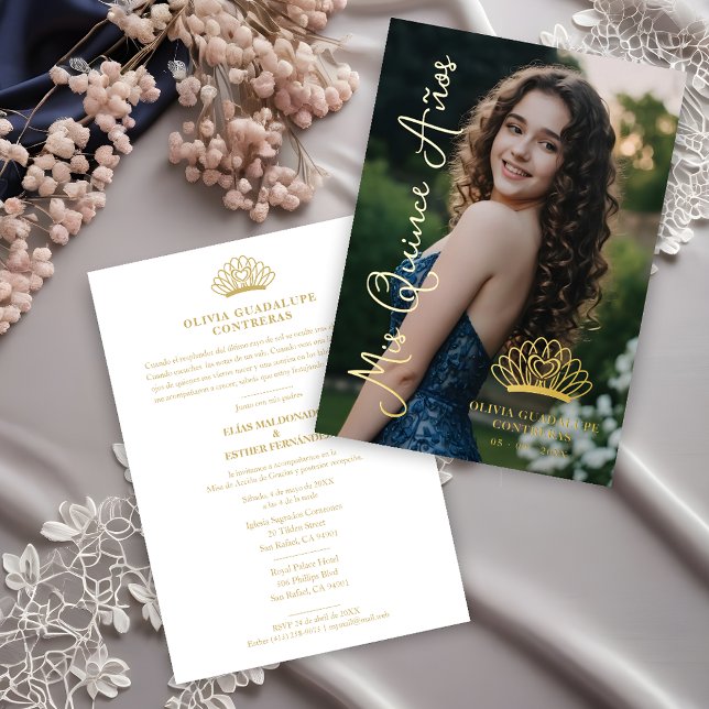 Invitation En Aluminium Exquisite Crown Quinceañera Photo Fancy Script (Spanish Exquisite Princess Crown Quinceañera Photo Fancy Calligraphy Script Real Golden Foil.)