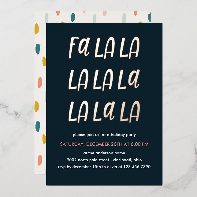 Invitation En Aluminium Fa la la | Fêtes de Noël ROSE OR (Recto/Verso)