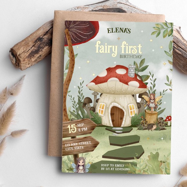 Invitation En Aluminium Fairy First Whimsical Forest Champignons 1er anniv (Fairy First Birthday Theme with Gold Foil)