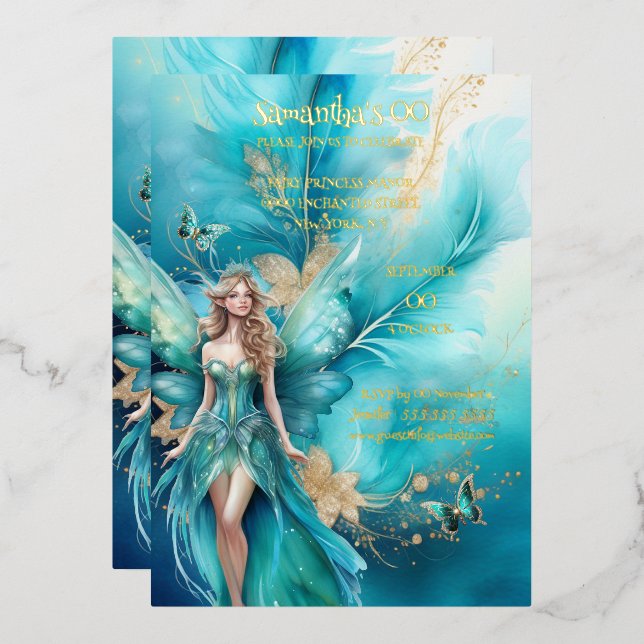 Invitation En Aluminium Fairy princess turquoise or mythique conte de fées (Recto/Verso)