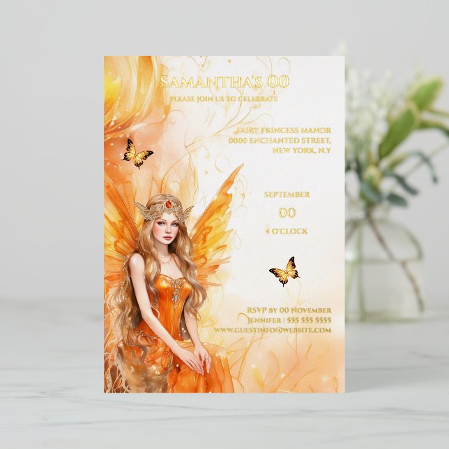 Invitation En Aluminium Fairy princesse or orange mythique conte de fées (Debout devant)