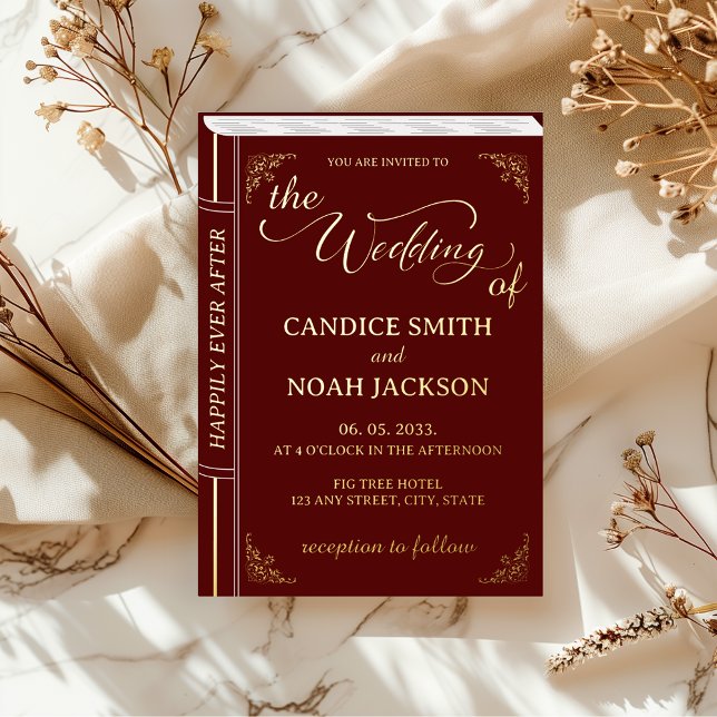 Invitation En Aluminium Fairy Tale Whimslivre Couverture Mariage Bourgogne (Burgundy Gold Foil Cover Book Fairy Tale Wedding Invitation)