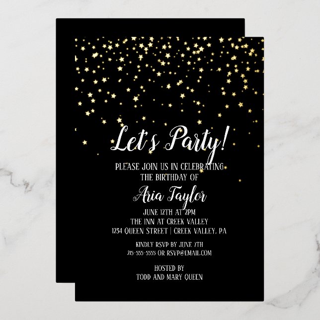 Invitation En Aluminium Faisons la fête Confetti sur Black Birthday Party  (Recto/Verso)
