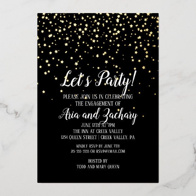 Invitation En Aluminium Faisons la fête Gold Confetti sur Black Fiançaille (Recto)