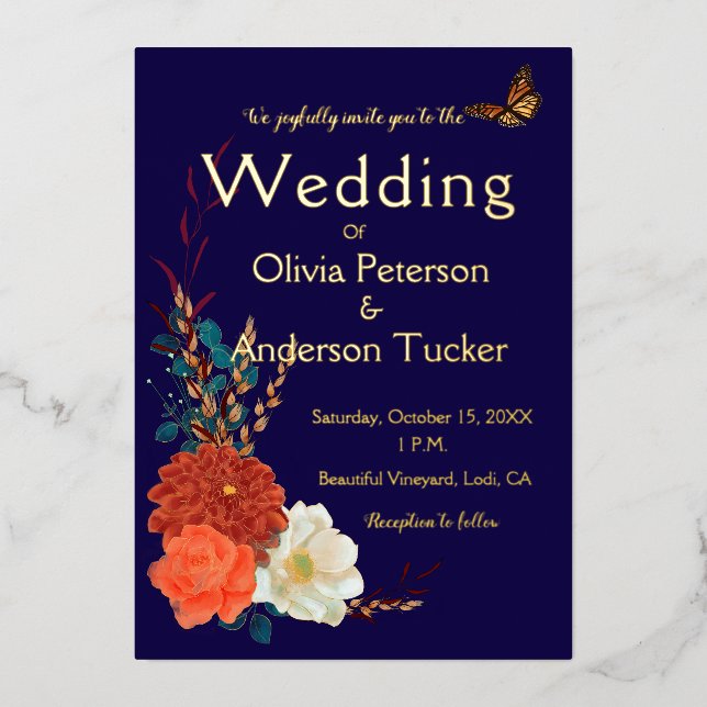 Invitation En Aluminium Fall Wedding Floral Monarch Blue Gold (Recto)