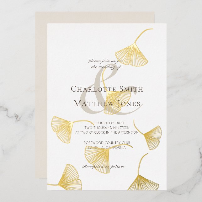 Invitation En Aluminium Falling Gold Ginkgo Feuilles mariage élégant (Recto/Verso)